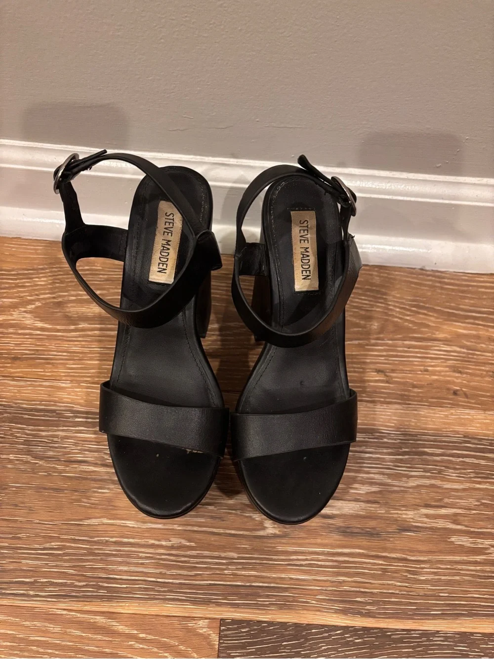 Steve Madden Black Platform Block Heel Sandals with Round Buckle
